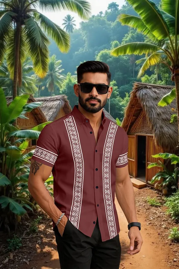 Maroon_Short_Sleeve_Button_Down_Shirtwith_White_Geometric_Pattern,_Casual_Beach_Style