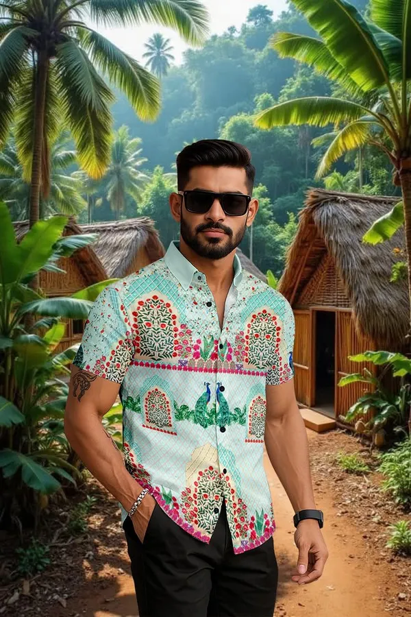 Multicolour_Tropical_Print_Short_Sleeve_Button_Down_Shirt,_Mint_Green_With_Peacock_Design,_Casual_Hawaiian_Style