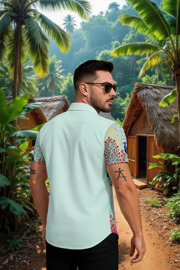 Multicolour_Tropical_Print_Short_Sleeve_Button_Down_Shirt,_Mint_Green_With_Peacock_Design,_Casual_Hawaiian_Style