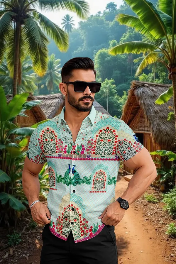 Multicolour_Tropical_Print_Short_Sleeve_Button_Down_Shirt,_Mint_Green_With_Peacock_Design,_Casual_Hawaiian_Style