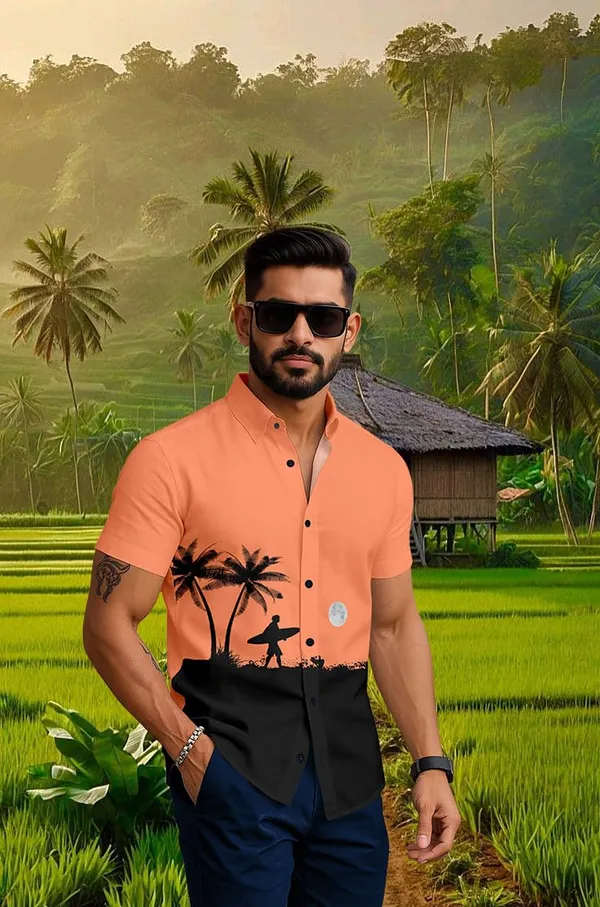 Orenge_Casual_Beach_Print_Short_Sleeve_Button_Down_Shirt,_White_And_Black_Palm_Tree_Design,_Tropical_Surfer_Pattern