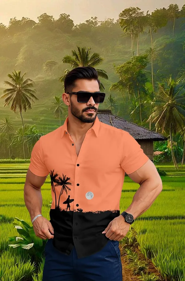 Orenge_Casual_Beach_Print_Short_Sleeve_Button_Down_Shirt,_White_And_Black_Palm_Tree_Design,_Tropical_Surfer_Pattern
