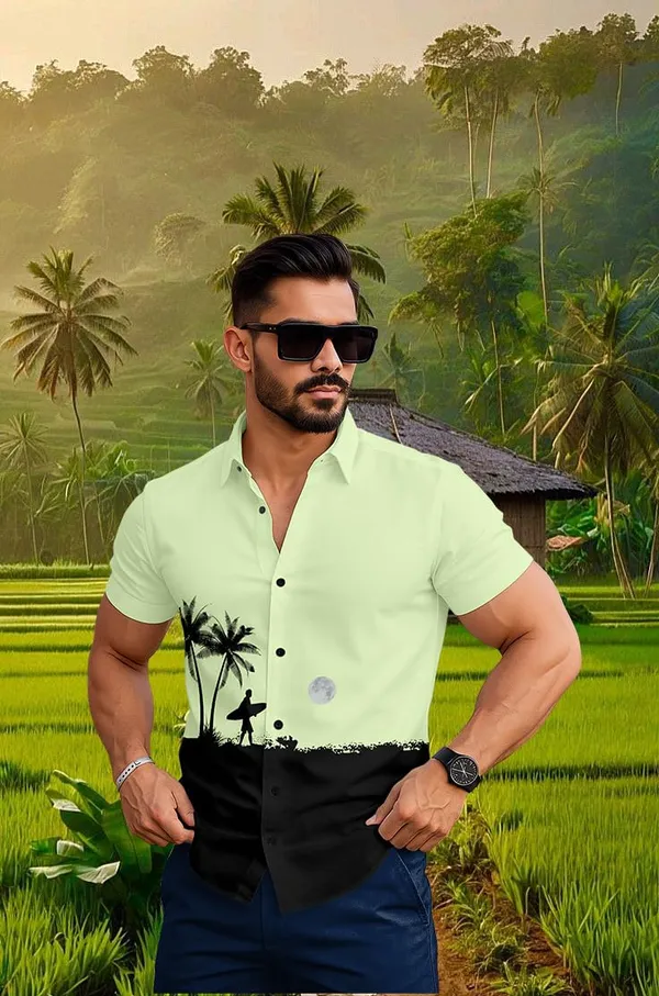 Parrot_Casual_Beach_Print_Short_Sleeve_Button_Down_Shirt,_White_And_Black_Palm_Tree_Design,_Tropical_Surfer_Pattern