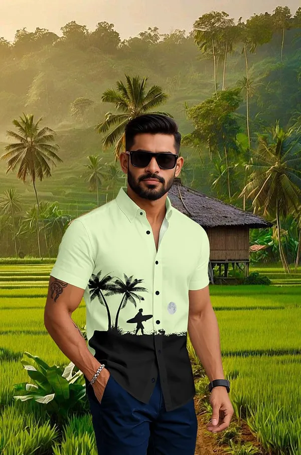 Parrot_Casual_Beach_Print_Short_Sleeve_Button_Down_Shirt,_White_And_Black_Palm_Tree_Design,_Tropical_Surfer_Pattern