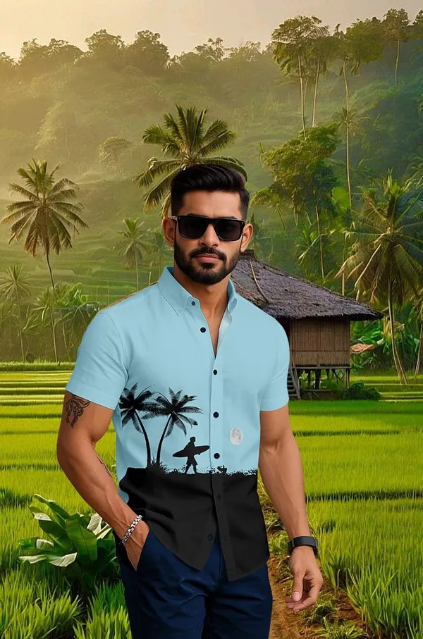 Blue_Casual_Beach_Print_Short_Sleeve_Button_Down_Shirt,_White_And_Black_Palm_Tree_Design,_Tropical_Surfer_Pattern
