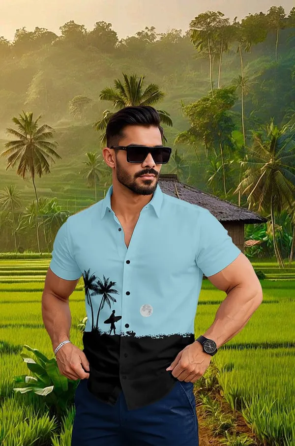 Blue_Casual_Beach_Print_Short_Sleeve_Button_Down_Shirt,_White_And_Black_Palm_Tree_Design,_Tropical_Surfer_Pattern