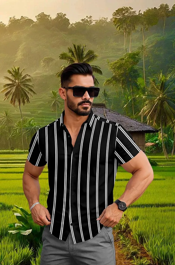 Black_Casual_Short_Sleeve_Striped_Shirt,_Button_Down_Collar