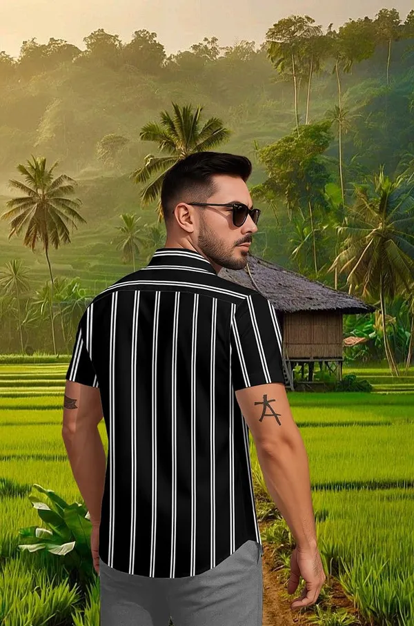 Black_Casual_Short_Sleeve_Striped_Shirt,_Button_Down_Collar
