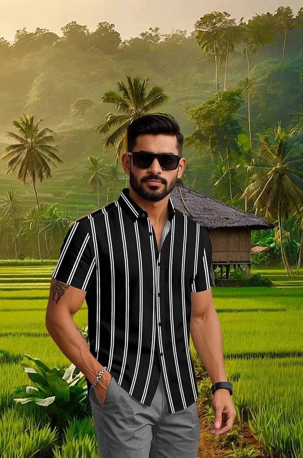 Black_Casual_Short_Sleeve_Striped_Shirt,_Button_Down_Collar