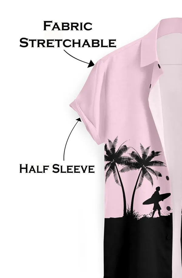 Pink_Casual_Beach_Print_Short_Sleeve_Button_Down_Shirt,_White_And_Black_Palm_Tree_Design,_Tropical_Surfer_Pattern