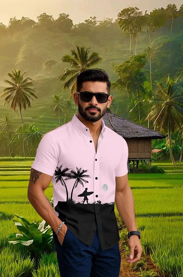 Pink_Casual_Beach_Print_Short_Sleeve_Button_Down_Shirt,_White_And_Black_Palm_Tree_Design,_Tropical_Surfer_Pattern