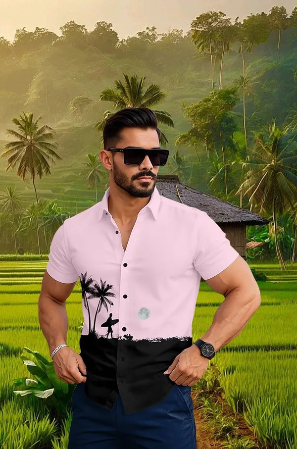 Pink_Casual_Beach_Print_Short_Sleeve_Button_Down_Shirt,_White_And_Black_Palm_Tree_Design,_Tropical_Surfer_Pattern