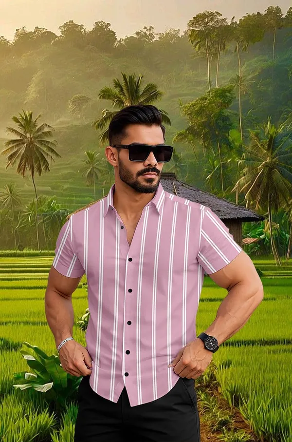 Pink_Casual_Short_Sleeve_Striped_Shirt,_Button_Down_Collar