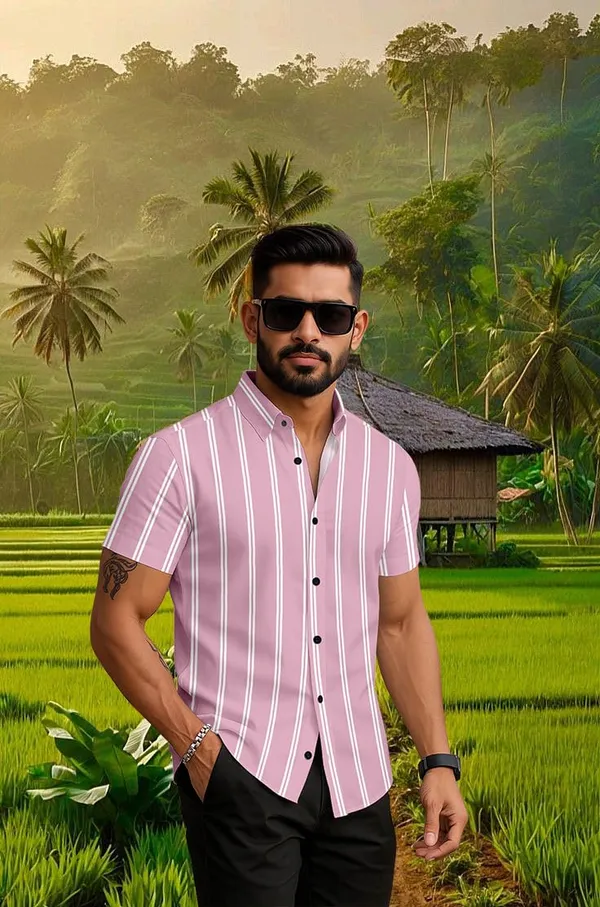 Pink_Casual_Short_Sleeve_Striped_Shirt,_Button_Down_Collar