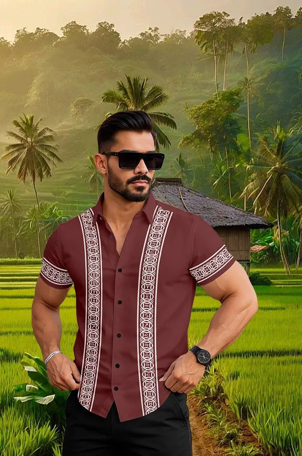 Marron_Casual_Short_Sleeve_Button_Down_Shirtwith_White_Geometric_Pattern,_Summer_Cotton