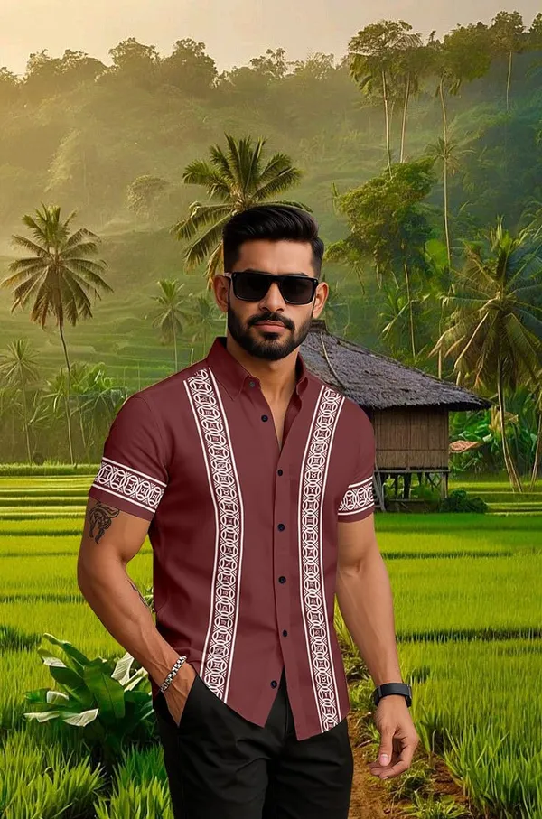 Marron_Casual_Short_Sleeve_Button_Down_Shirtwith_White_Geometric_Pattern,_Summer_Cotton