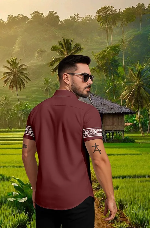 Marron_Casual_Short_Sleeve_Button_Down_Shirtwith_White_Geometric_Pattern,_Summer_Cotton