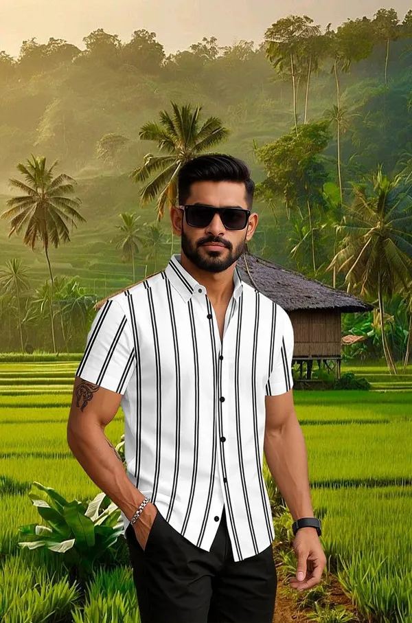 White_Casual_Short_Sleeve_Striped_Shirt,_Button_Down_Collar