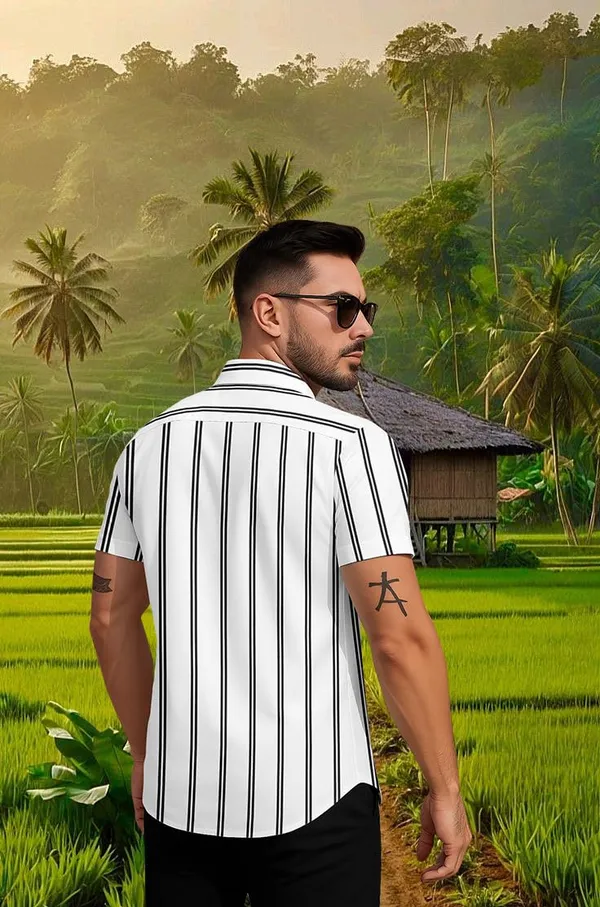 White_Casual_Short_Sleeve_Striped_Shirt,_Button_Down_Collar