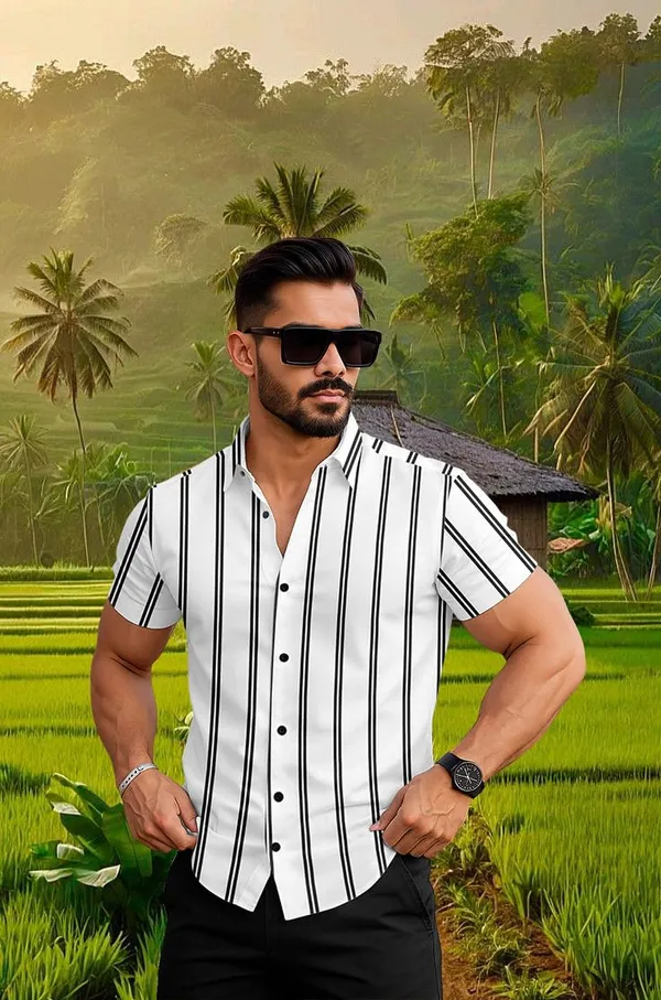 White_Casual_Short_Sleeve_Striped_Shirt,_Button_Down_Collar
