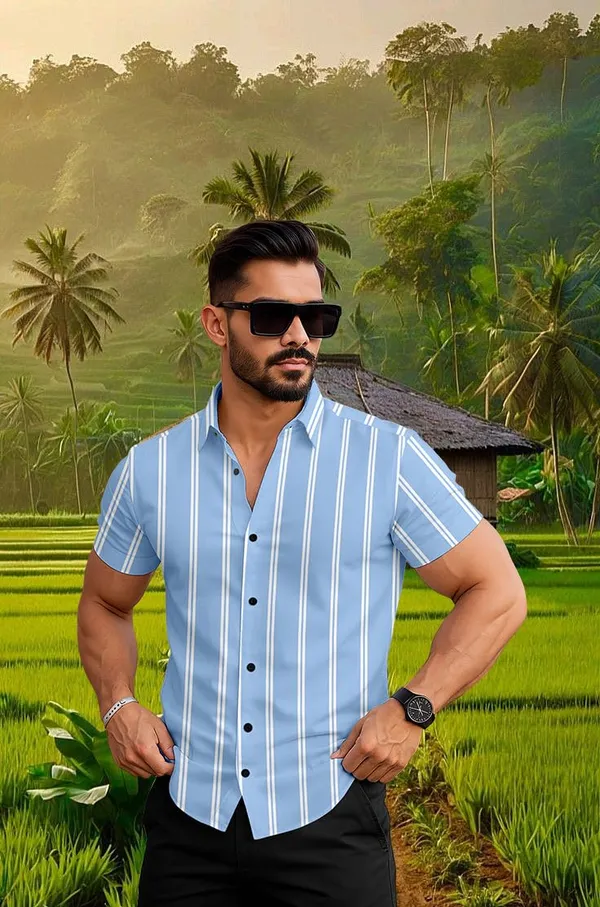 Blue_Casual_Short_Sleeve_Striped_Shirt,_Button_Down_Collar