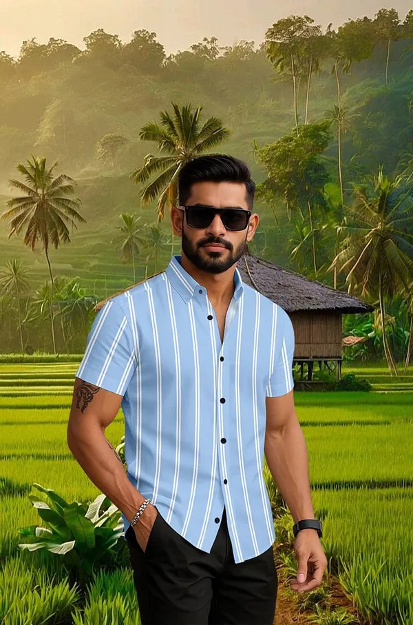 Blue_Casual_Short_Sleeve_Striped_Shirt,_Button_Down_Collar
