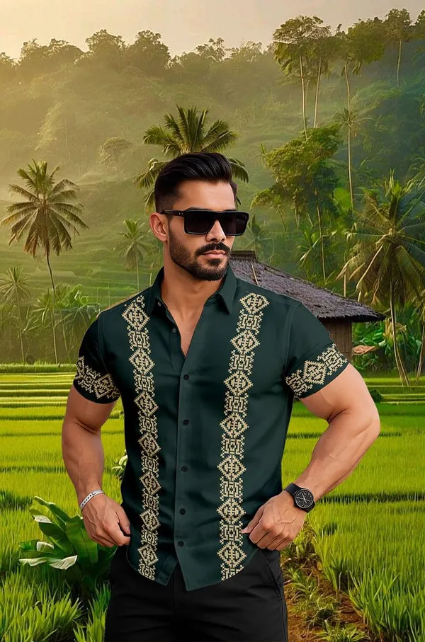 Men's_Ethnic_Short_Sleeve_Shirt,_Dark_Green_with_Gold_Embroidery_Pattern,_Traditional_Design