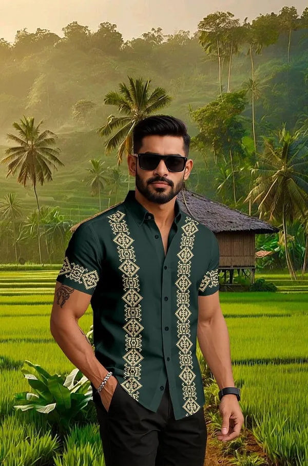 Men's_Ethnic_Short_Sleeve_Shirt,_Dark_Green_with_Gold_Embroidery_Pattern,_Traditional_Design