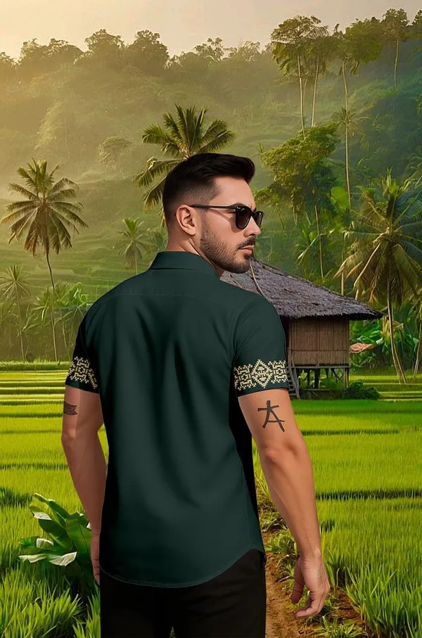Men's_Ethnic_Short_Sleeve_Shirt,_Dark_Green_with_Gold_Embroidery_Pattern,_Traditional_Design