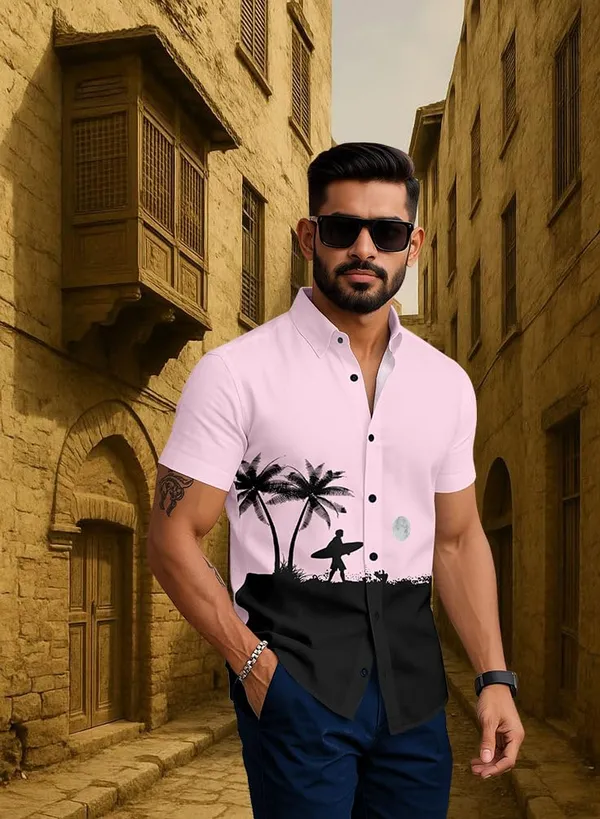 Pink_Casual_Summer_Shirt,_White_With_Palm_Tree_Surfer_Print,_Short_Sleeve_Button_Down,_Beach_Style