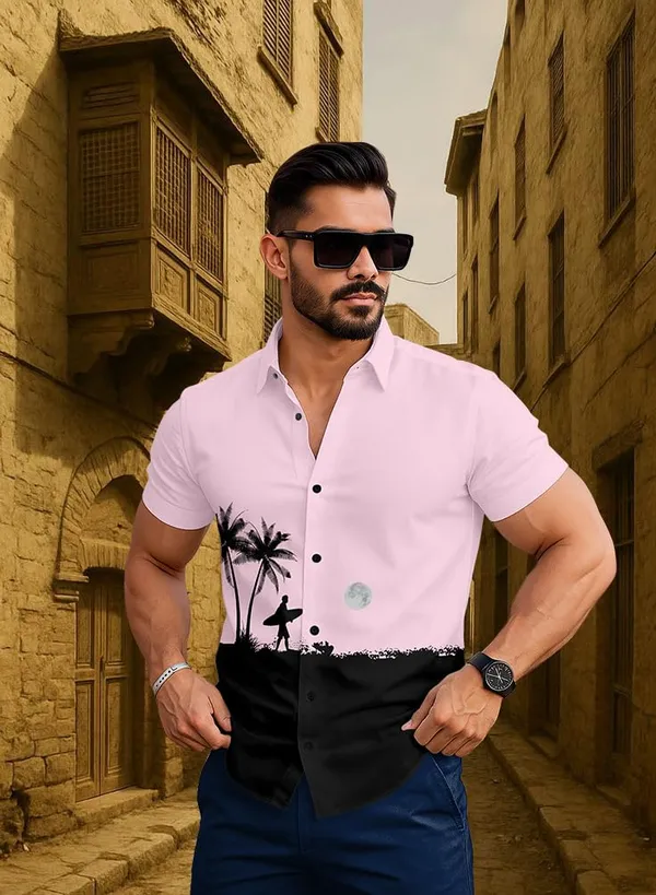Pink_Casual_Summer_Shirt,_White_With_Palm_Tree_Surfer_Print,_Short_Sleeve_Button_Down,_Beach_Style