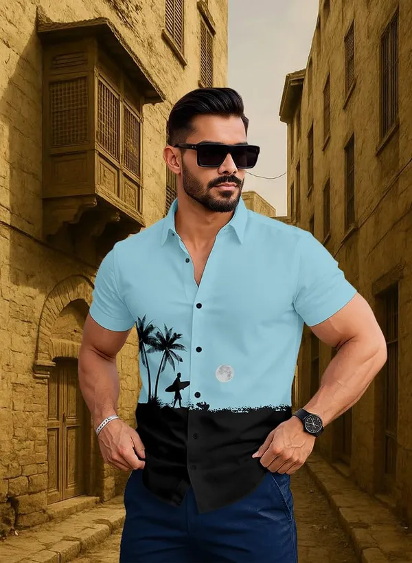 Blue_Casual_Summer_Shirt,_White_With_Palm_Tree_Surfer_Print,_Short_Sleeve_Button_Down,_Beach_Style