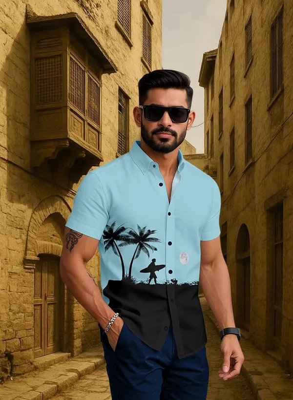 Blue_Casual_Summer_Shirt,_White_With_Palm_Tree_Surfer_Print,_Short_Sleeve_Button_Down,_Beach_Style