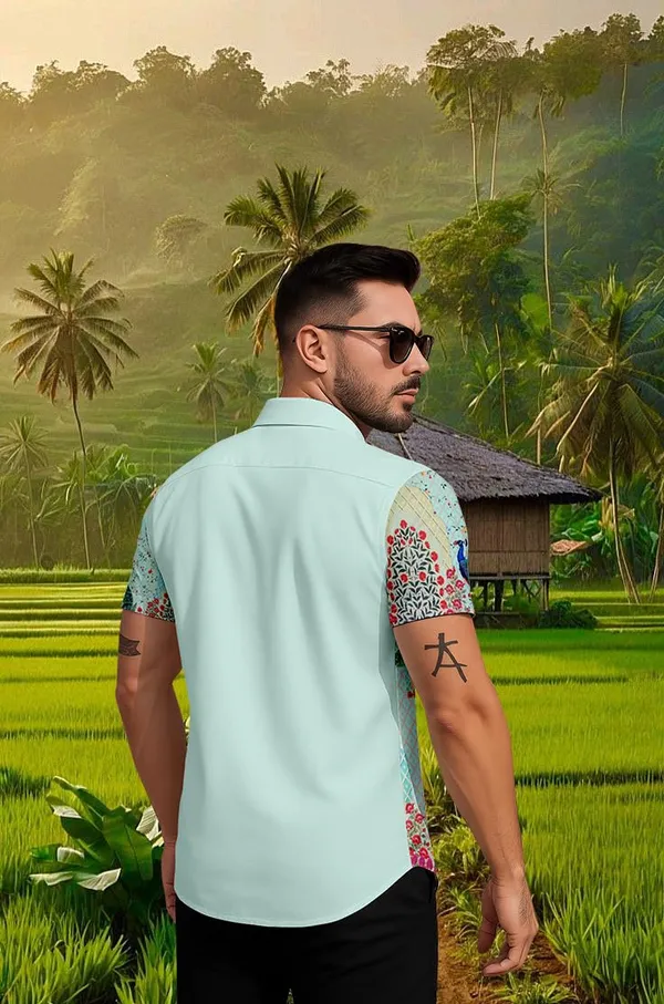 Multicolour_Tropical_Print_Hawaiian_Short_Sleeve_Shirt,_Mint_Green_With_Peacock_Design,_Casual_Button_Down