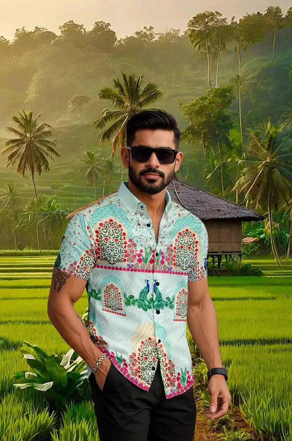 Multicolour_Tropical_Print_Hawaiian_Short_Sleeve_Shirt,_Mint_Green_With_Peacock_Design,_Casual_Button_Down