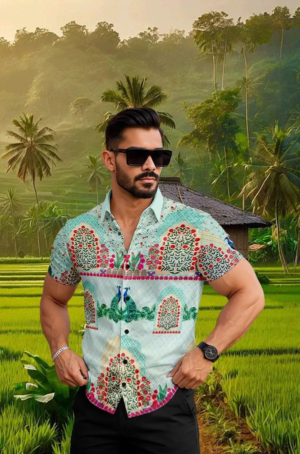 Multicolour_Tropical_Print_Hawaiian_Short_Sleeve_Shirt,_Mint_Green_With_Peacock_Design,_Casual_Button_Down