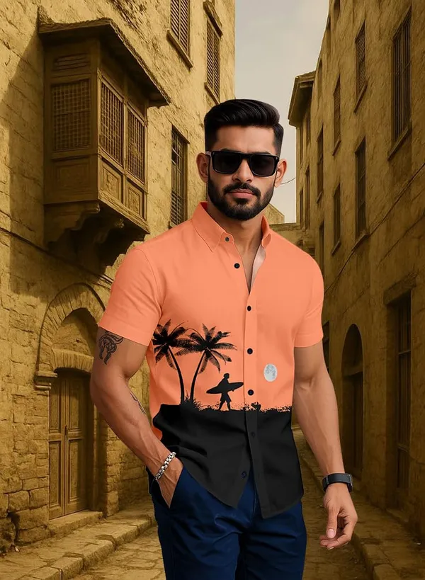 Orenge_Casual_Summer_Shirt,_White_With_Palm_Tree_Surfer_Print,_Short_Sleeve_Button_Down,_Beach_Style