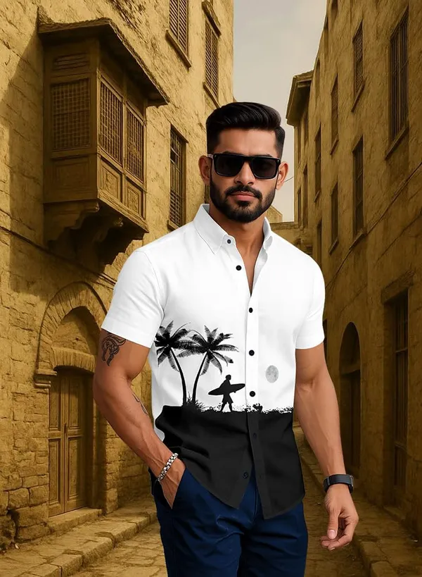 White_Casual_Summer_Shirt,_White_With_Palm_Tree_Surfer_Print,_Short_Sleeve_Button_Down,_Beach_Style