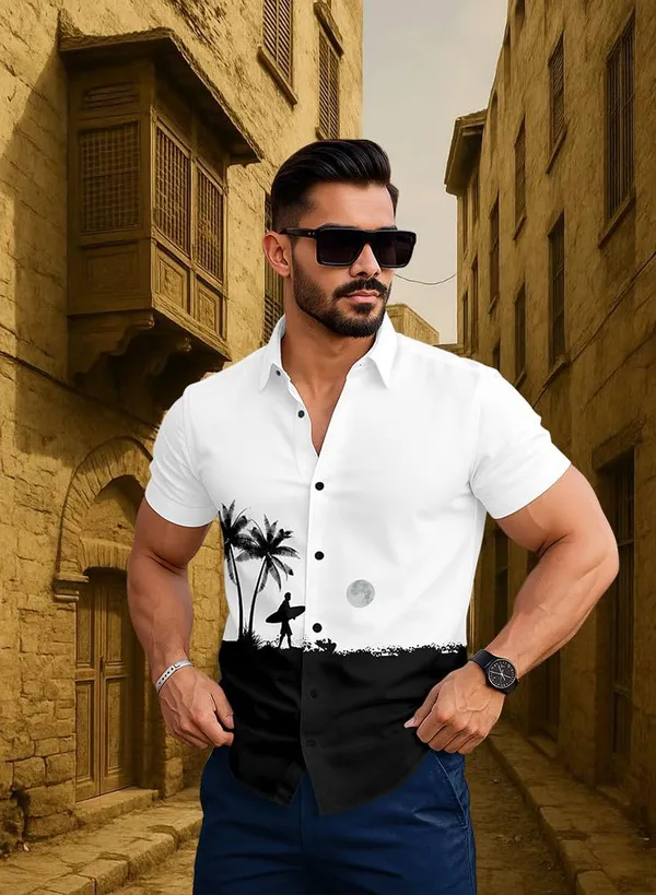 White_Casual_Summer_Shirt,_White_With_Palm_Tree_Surfer_Print,_Short_Sleeve_Button_Down,_Beach_Style