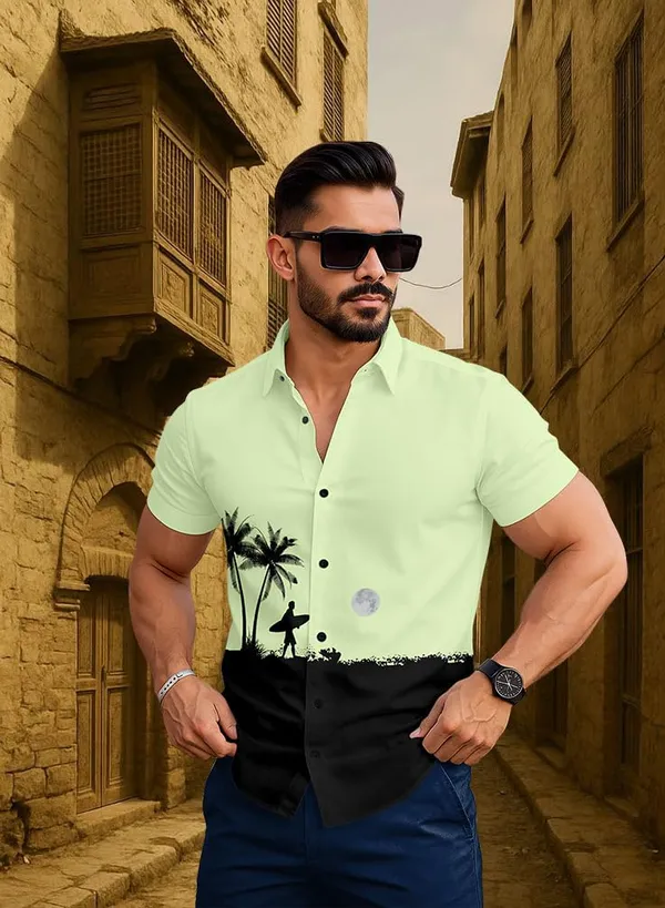 Paroot_Casual_Summer_Shirt,_White_With_Palm_Tree_Surfer_Print,_Short_Sleeve_Button_Down,_Beach_Style