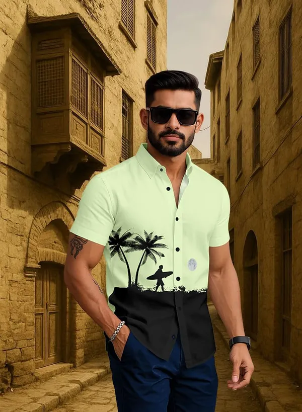 Paroot_Casual_Summer_Shirt,_White_With_Palm_Tree_Surfer_Print,_Short_Sleeve_Button_Down,_Beach_Style