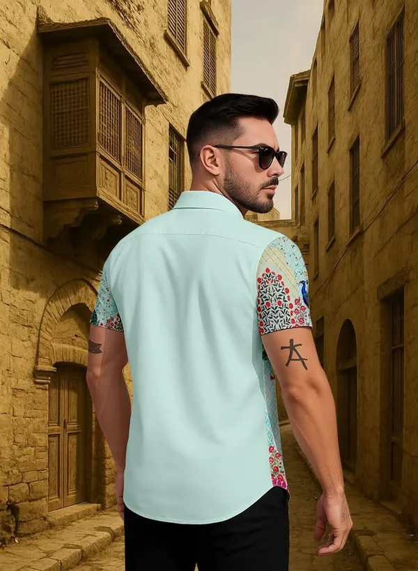 Men's_Printed_Summer_Shirt,_Short_Sleeve,_Mint_Green_Floral_Pattern_with_Peacock_Design,_Casual_Button_Down