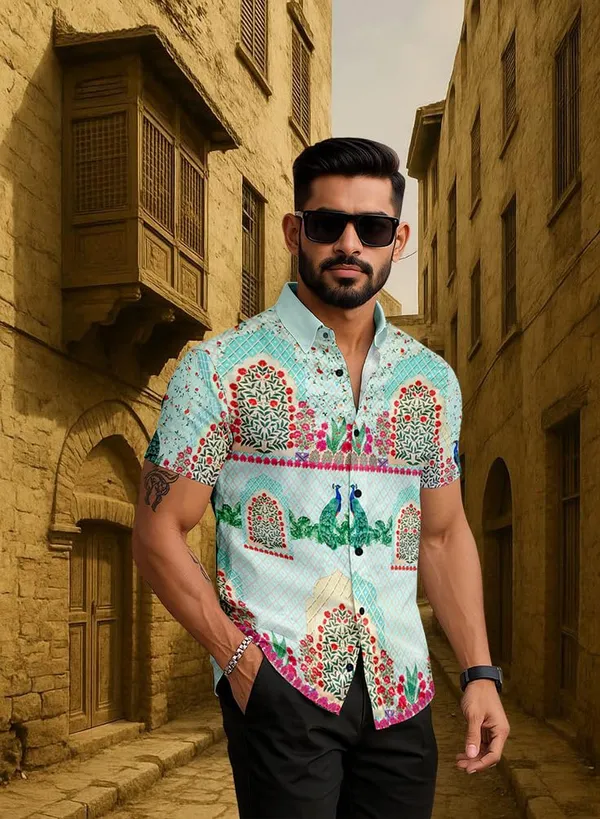 Men's_Printed_Summer_Shirt,_Short_Sleeve,_Mint_Green_Floral_Pattern_with_Peacock_Design,_Casual_Button_Down
