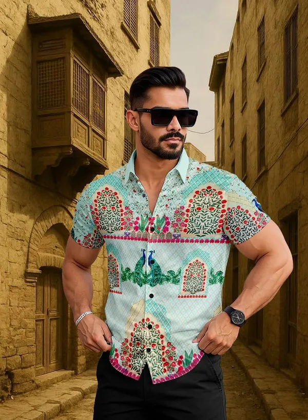 Men's_Printed_Summer_Shirt,_Short_Sleeve,_Mint_Green_Floral_Pattern_with_Peacock_Design,_Casual_Button_Down