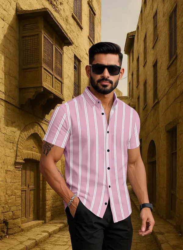 Pink_Striped_Short_Sleeve_Casual_Shirt,_Cotton_Blend