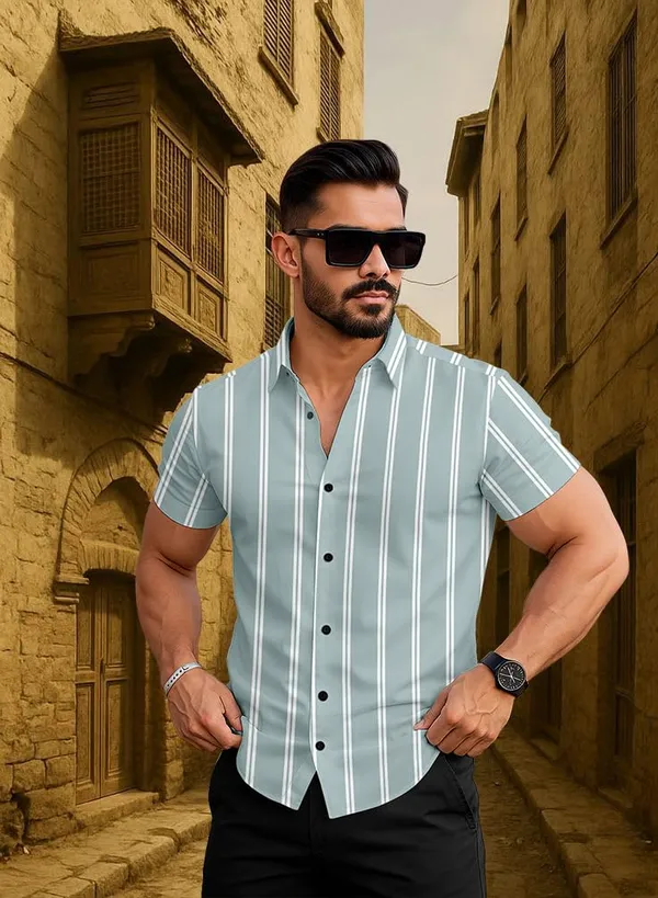 Green_Striped_Short_Sleeve_Casual_Shirt,_Cotton_Blend