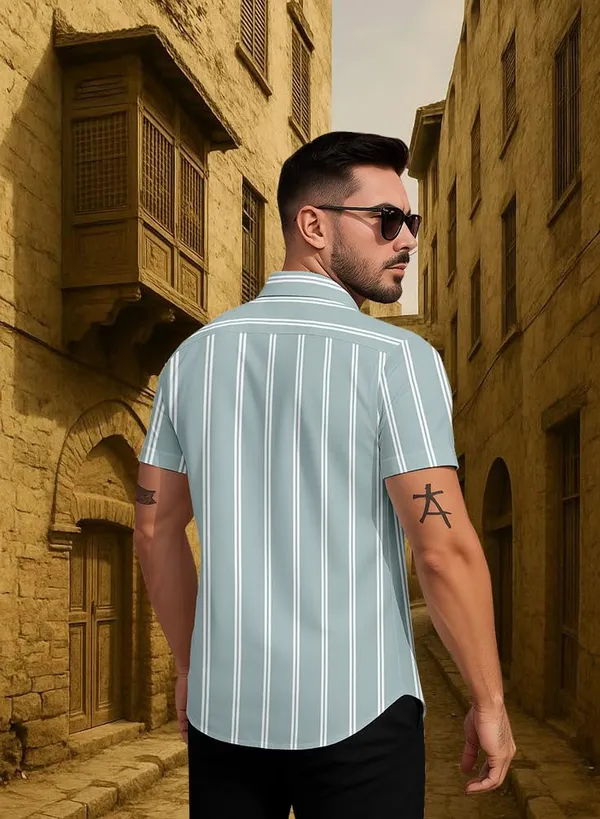 Green_Striped_Short_Sleeve_Casual_Shirt,_Cotton_Blend