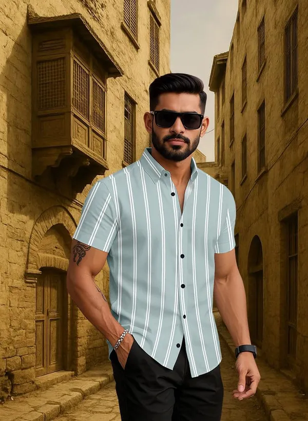 Green_Striped_Short_Sleeve_Casual_Shirt,_Cotton_Blend