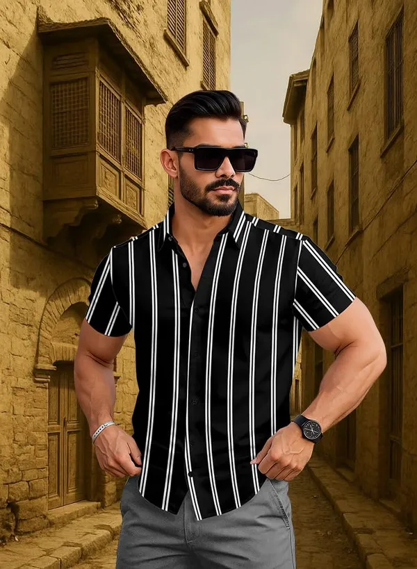Black_Striped_Short_Sleeve_Casual_Shirt,_Cotton_Blend