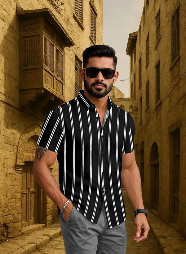 Black_Striped_Short_Sleeve_Casual_Shirt,_Cotton_Blend